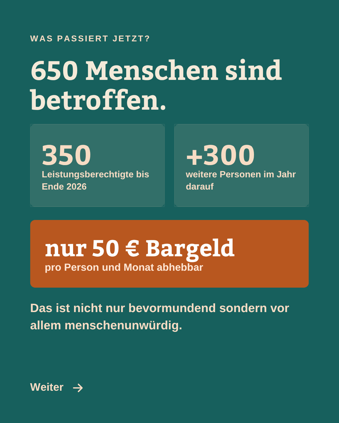 Was passiert jetzt: 650 Menschen sind betroffen – 350 Leistungsberechtigte bis Ende 2026, +300 weitere im Jahr darauf, nur 50 Euro Bargeld pro Person und Monat