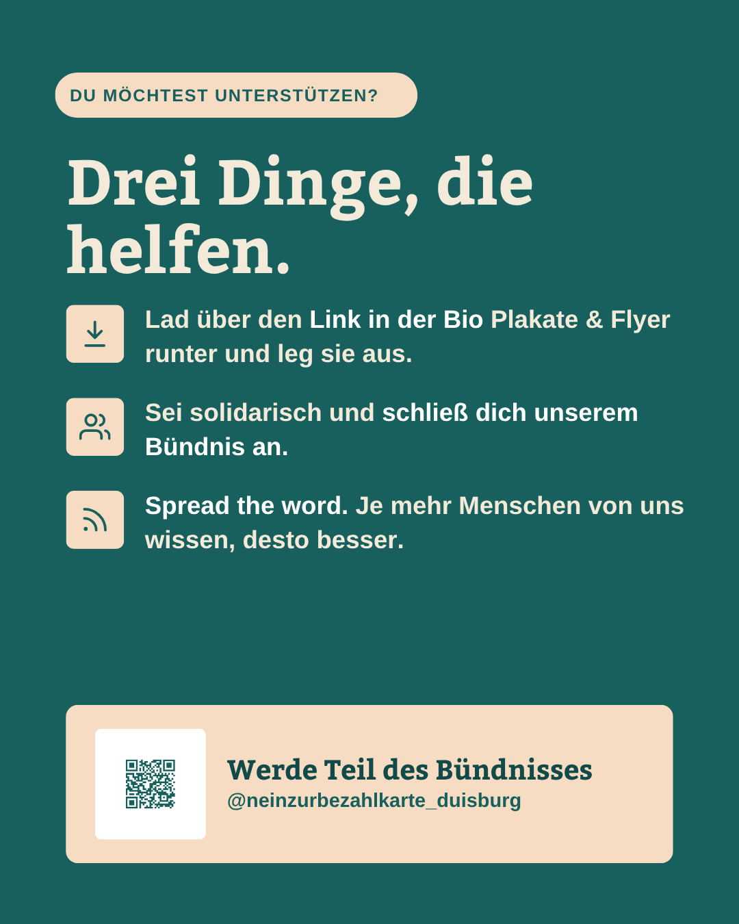 Drei Dinge, die helfen: Material verteilen, dem Bündnis beitreten, Spread the word